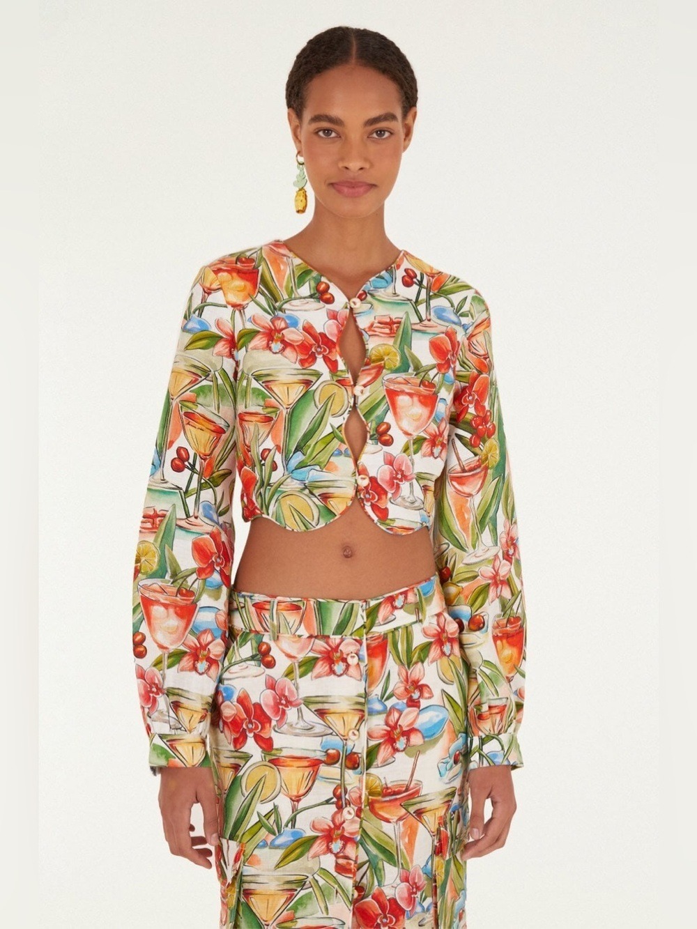Farm Rio Off-White Cocktail Wavy Long Sleeve Top